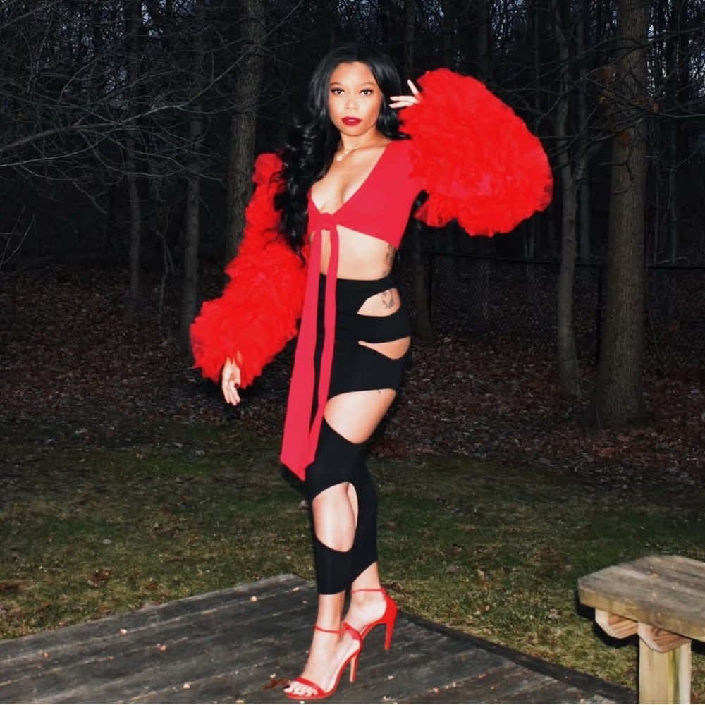 Red and Black Cutout Dress with Fluffy Sleeves